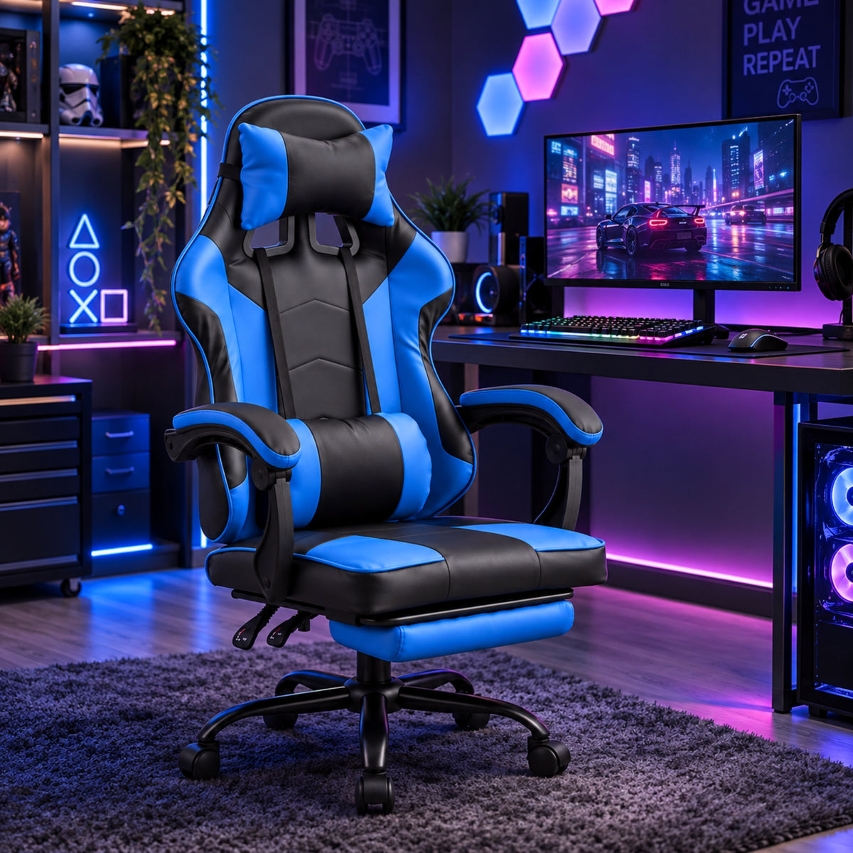 Ergonomic Gaming Chair with Footrest and Removable Pillows in Blue