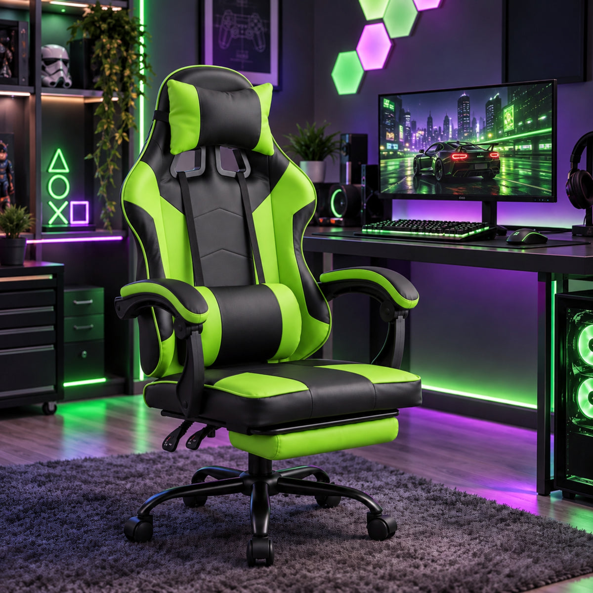 Ergonomic Gaming Chair with Footrest and Removable Pillows in Green