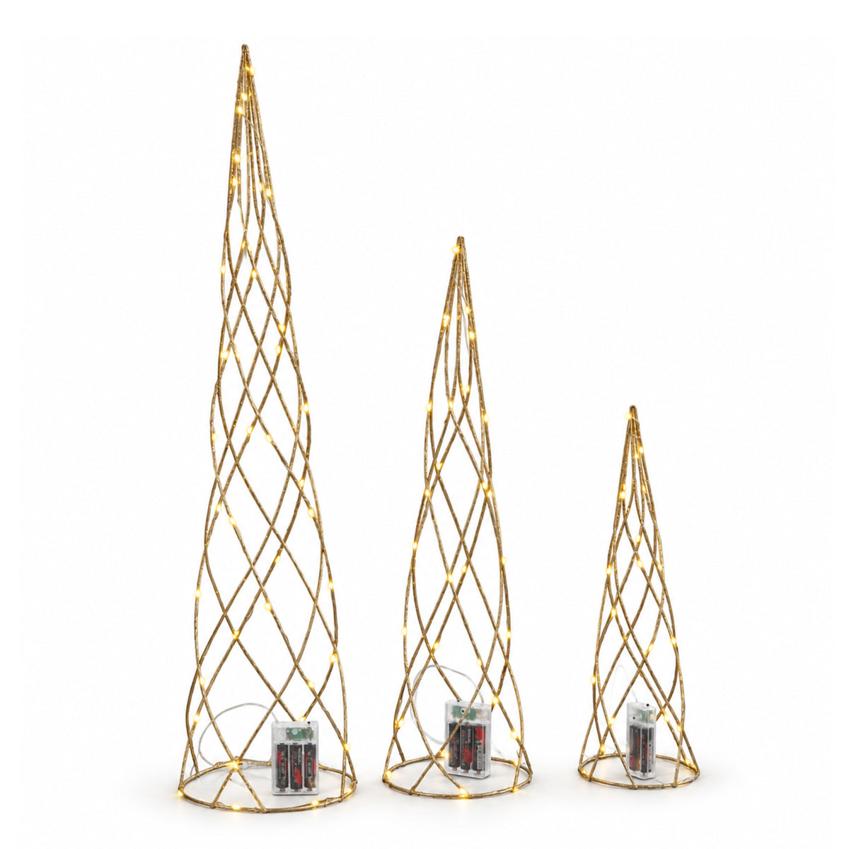 Set of 3 Light up Gold Spiral Christmas Tree Decoration with LEDs