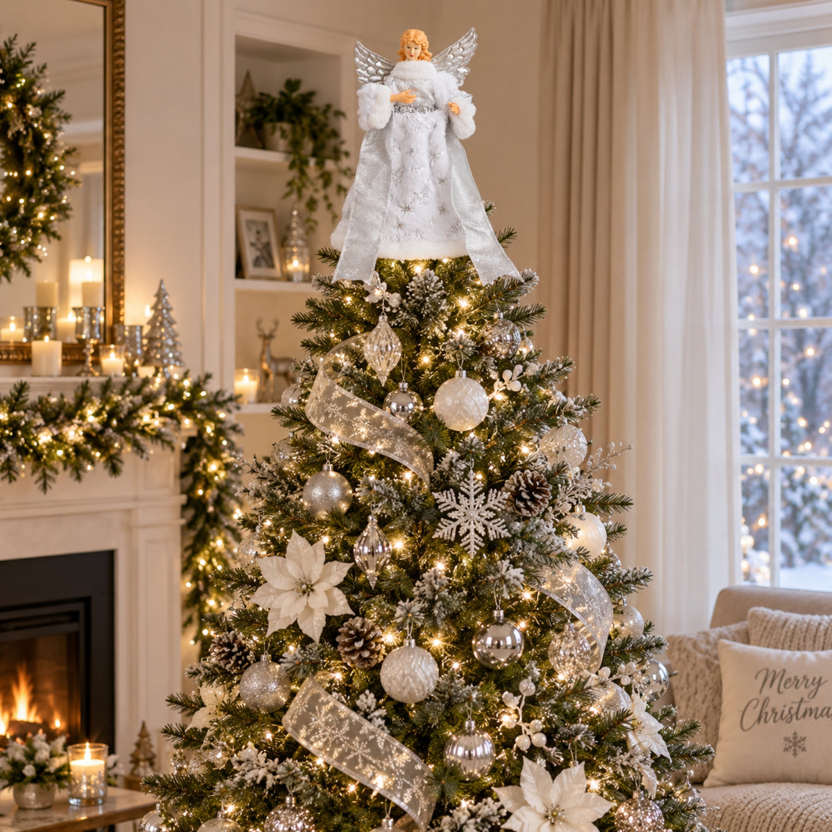 30cm Traditional Christmas Angel Tree Topper Decoration in Silver