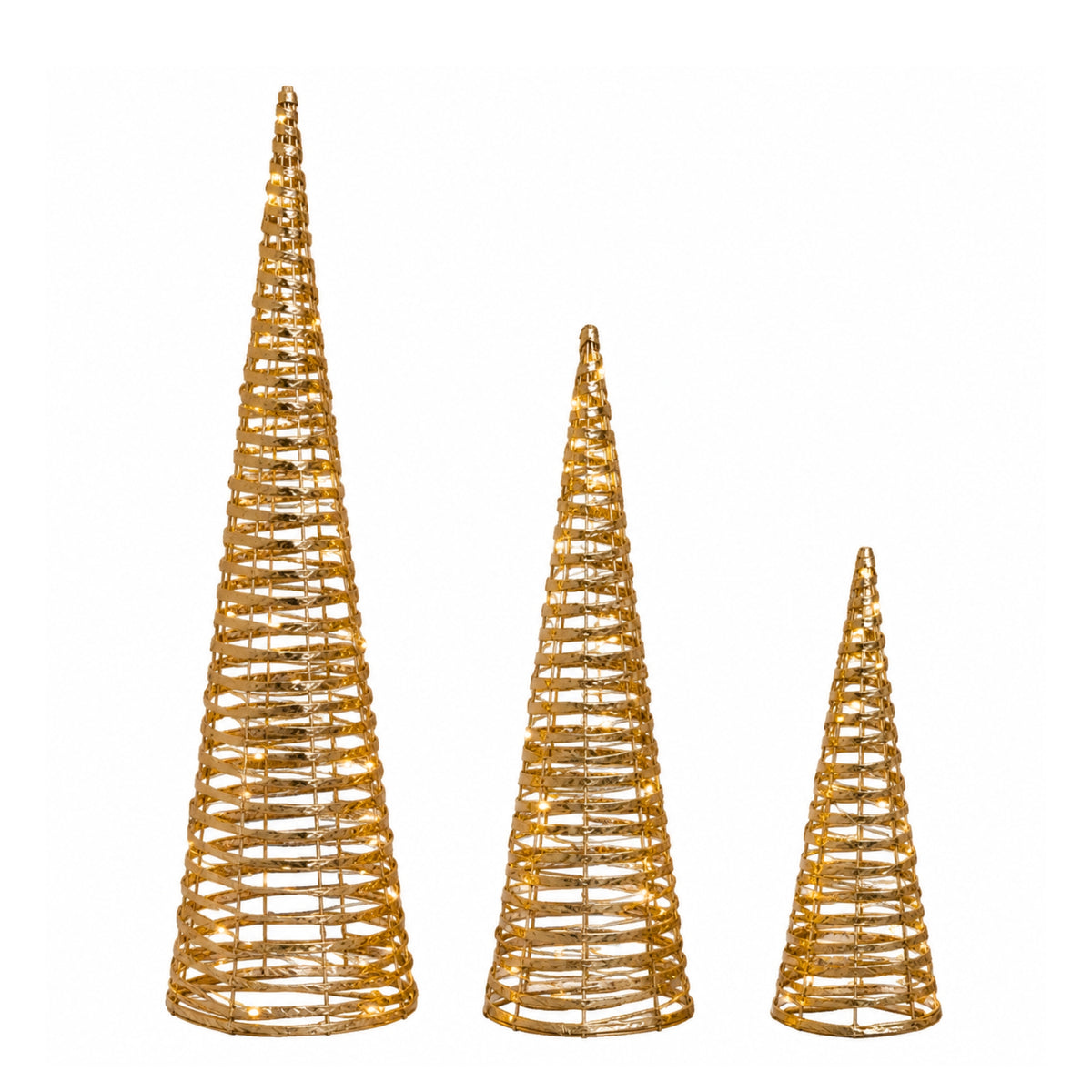 Set of 3 Light Up Gold Braid Christmas Cone Trees with Warm White LEDs
