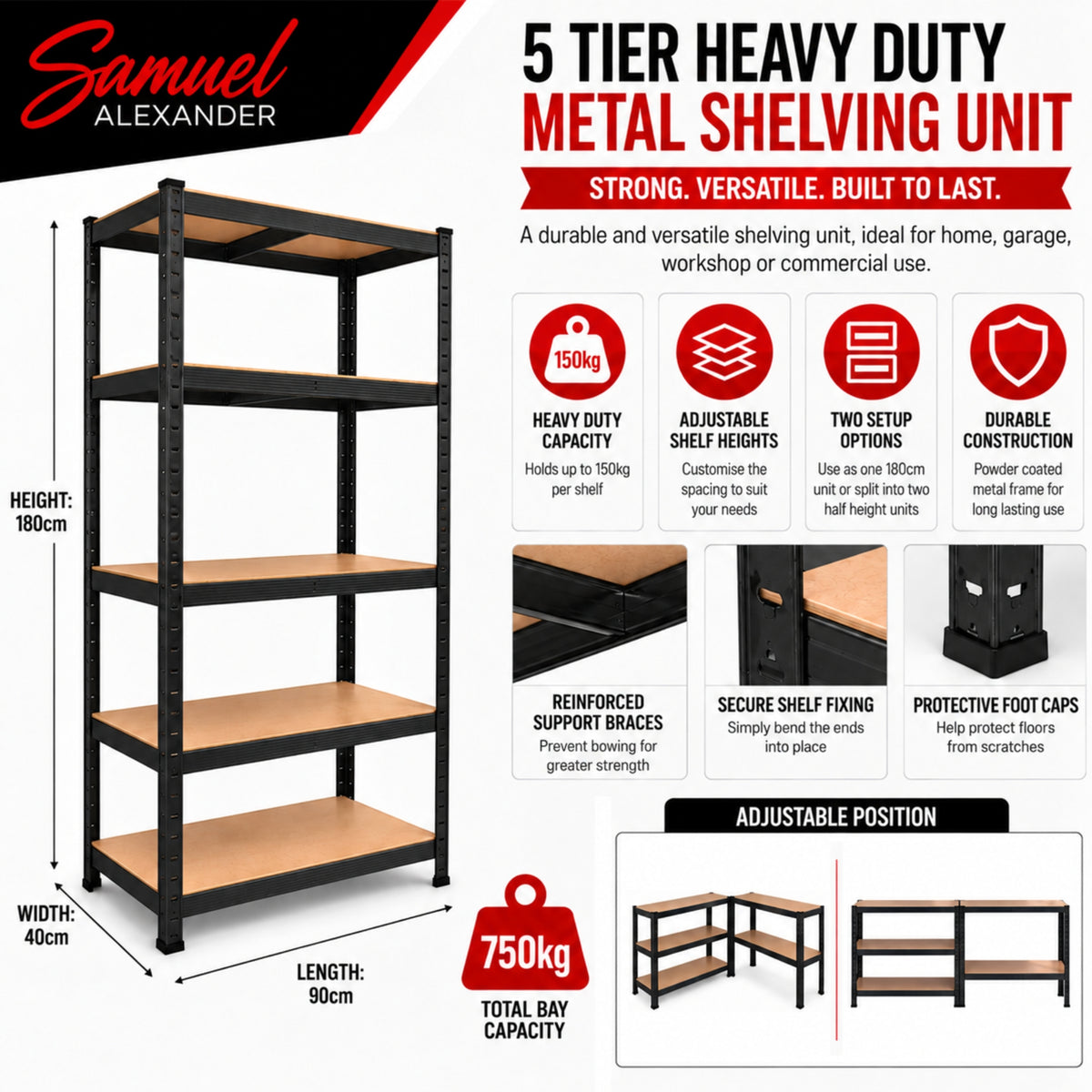Garage Shelving 90cm Wide & 180cm High Heavy Duty 5 Tier Multipurpose Metal Racking Unit  / Warehouse Shelving Storage