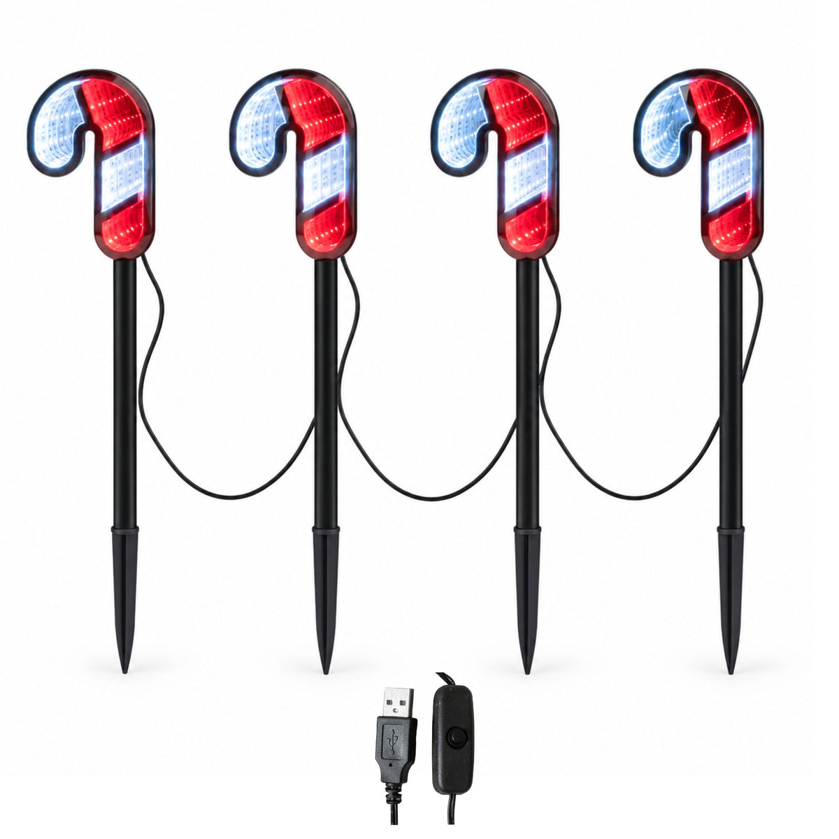 Set of 4 Infinity Mirror Candy Cane Christmas Path Lights with LEDs