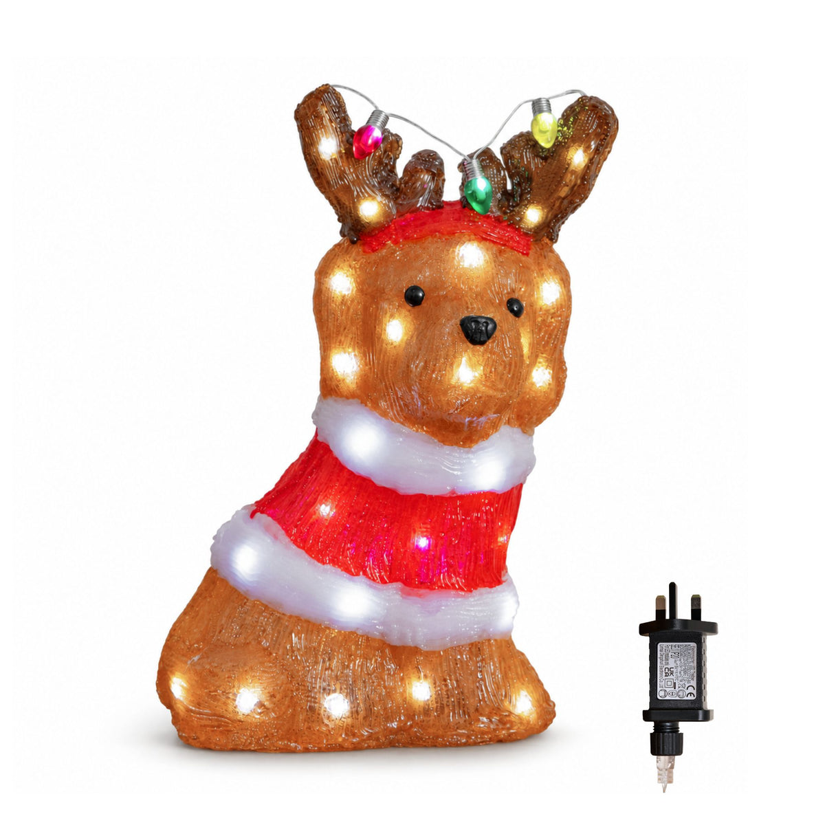 34cm Light Up Acrylic Christmas Dog Decoration with 40 White LEDs