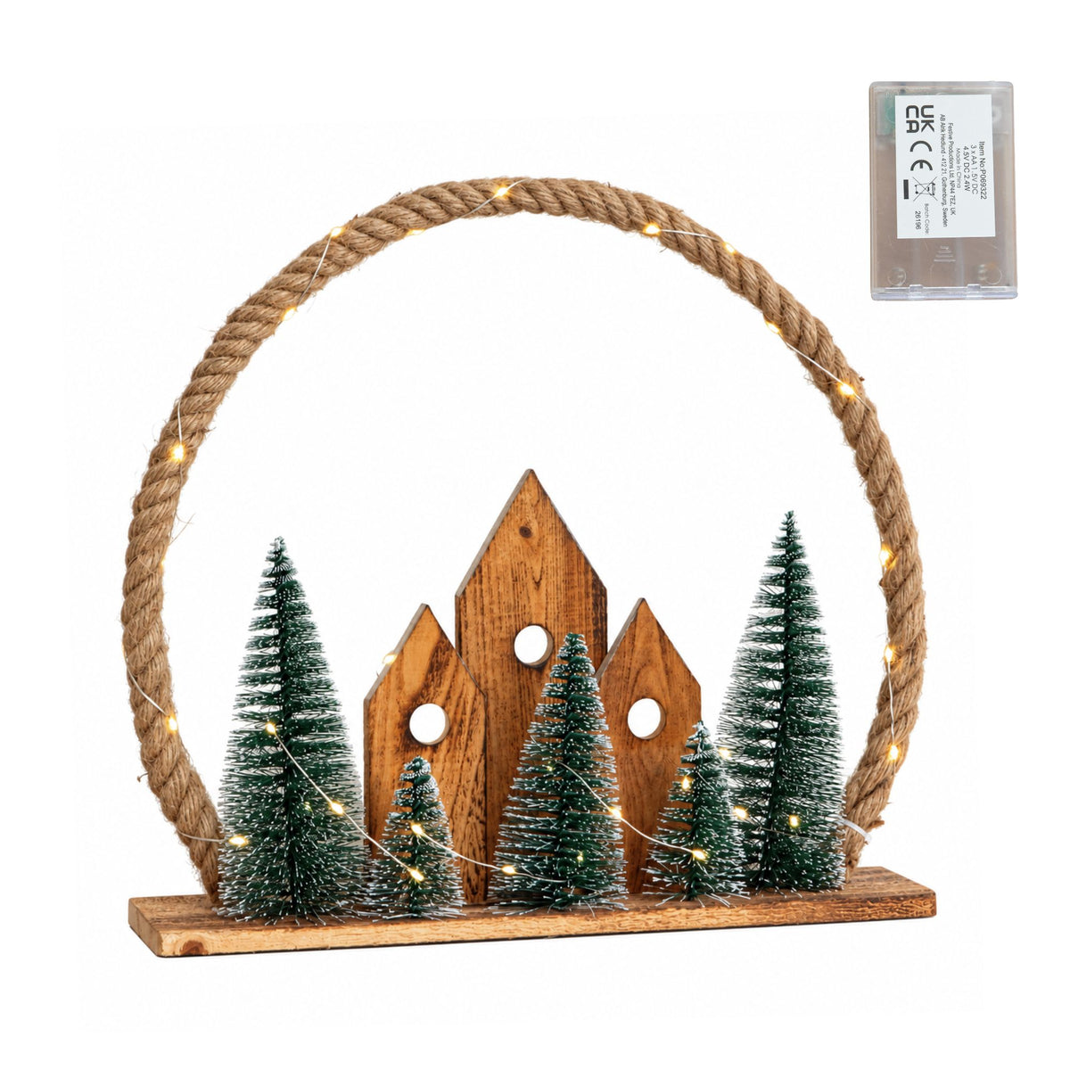 38cm Christmas Village Wreath Lit Wooden Village Scene with Jute Rope