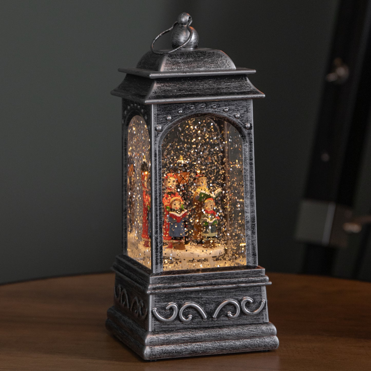 21cm Dual Powered Light up Lantern Christmas Water Spinner with Carol Scene