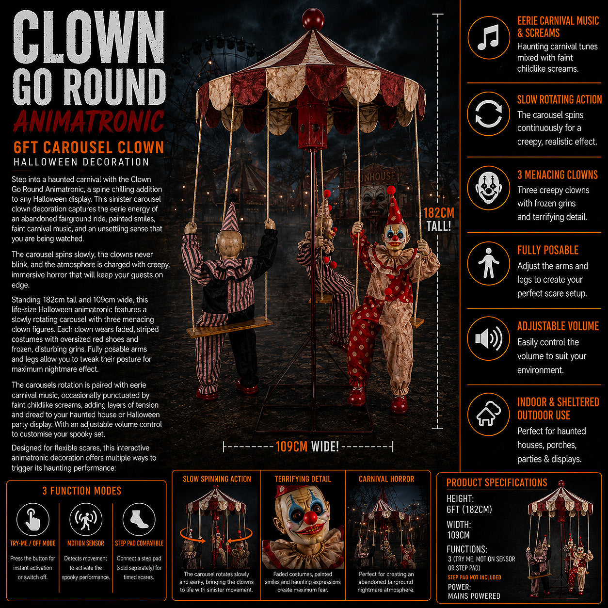 6ft Tall Clown Go-Round Animated Halloween Prop Decoration
