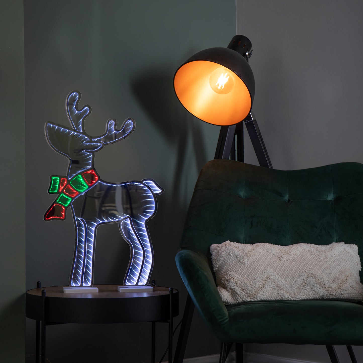 60cm Light up Standing Reindeer with Scarf Christmas Infinity Decoration with Multi-Coloured LEDs