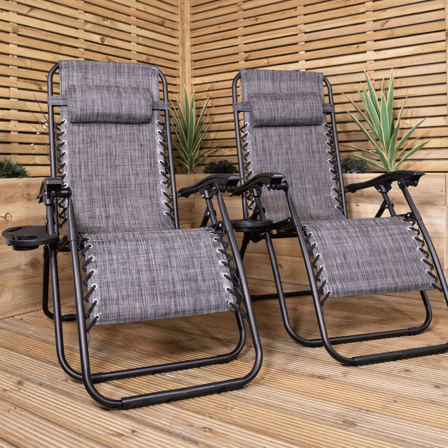 Set of 2 Multi Position Zero Gravity Relaxer Chair Sun Lounger in Mixed Grey