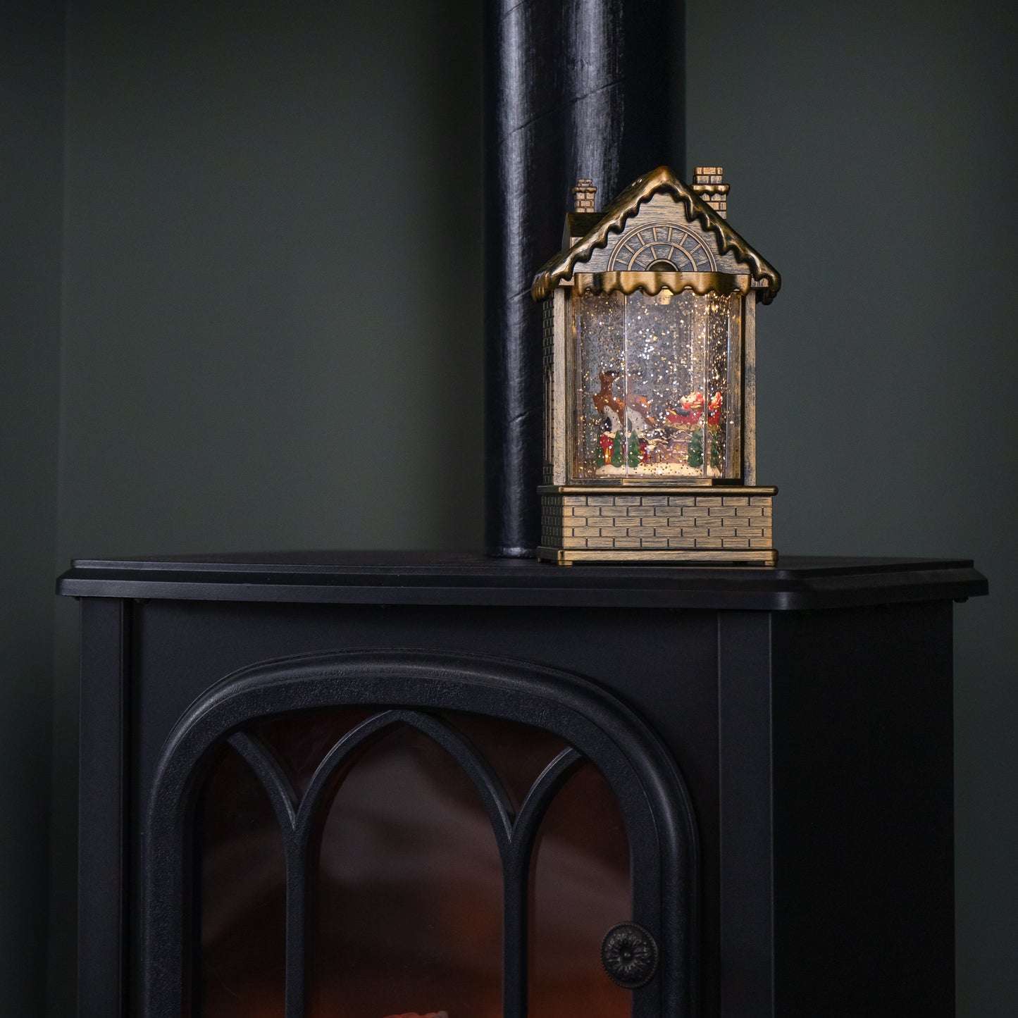 20cm Dual Powered Light up Christmas House Water Spinner with Santa in Sleigh Scene and LEDs