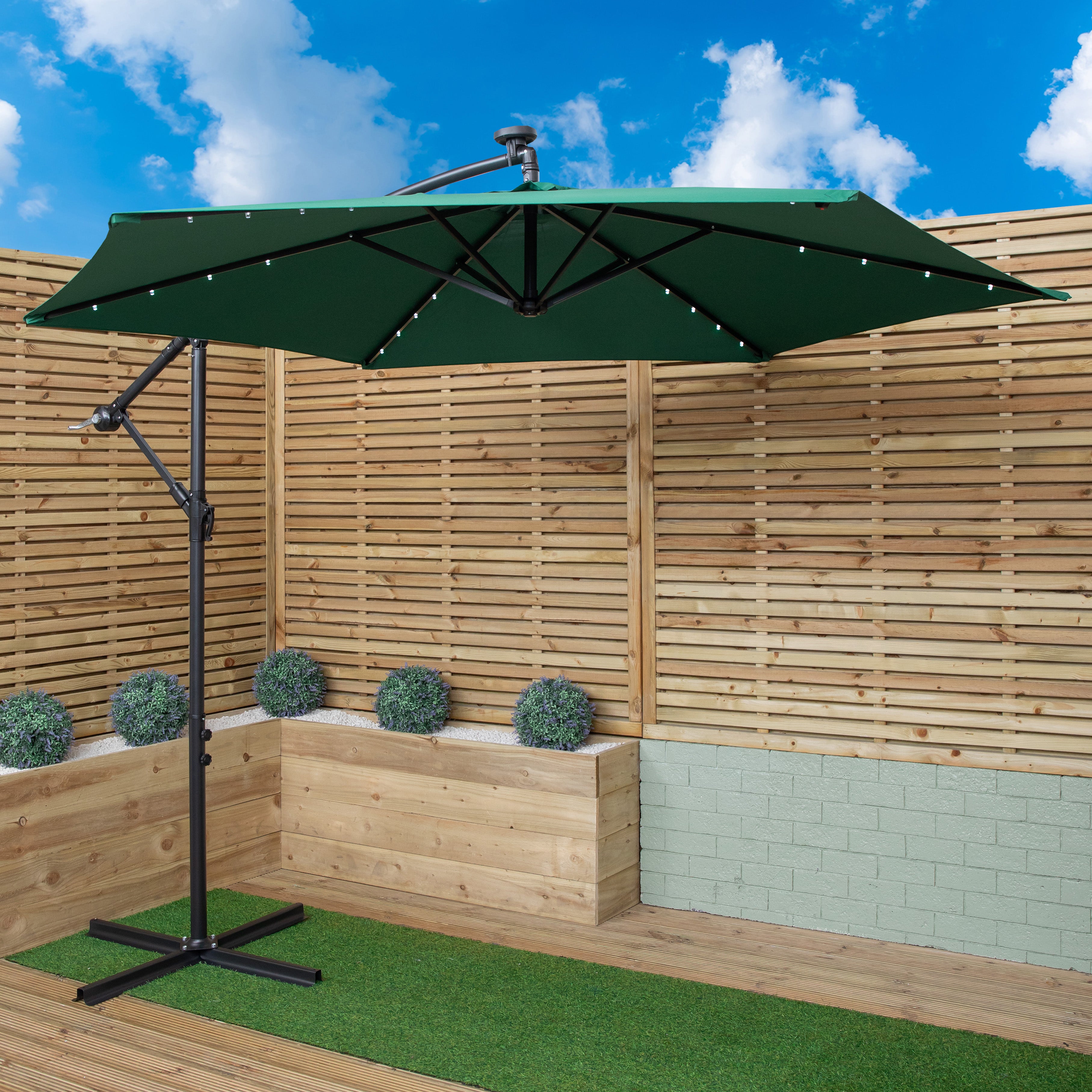 Samuel Alexander 3m Solar Powered Cantilever Lit Banana Garden Parasol with Crank Handle & White LED Lights in Green