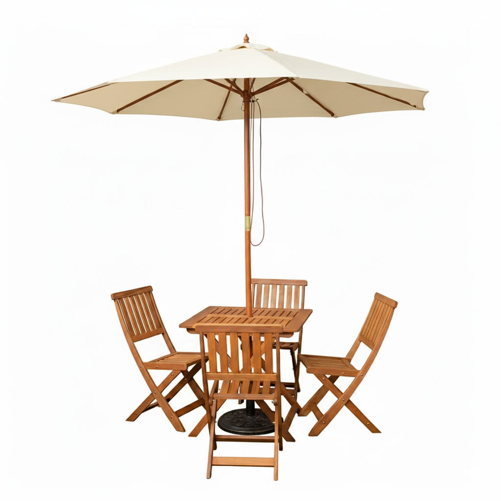 Outdoor 4 Person Folding Square Wooden Garden Dining Table Chairs Cream Parasol and Base Set