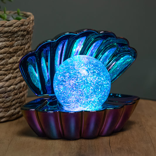 18cm Dual Powered Clam Shell Christmas Water Spinner with Colour Changing LEDs in Iridescent Chrome