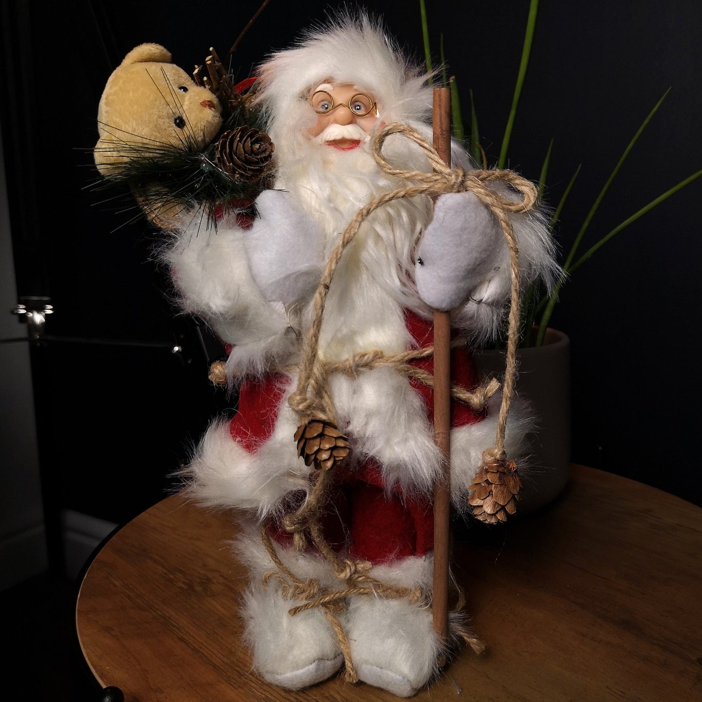 30cm Battery Operated Red Standing Light up Santa Claus with Brown Woven Sack