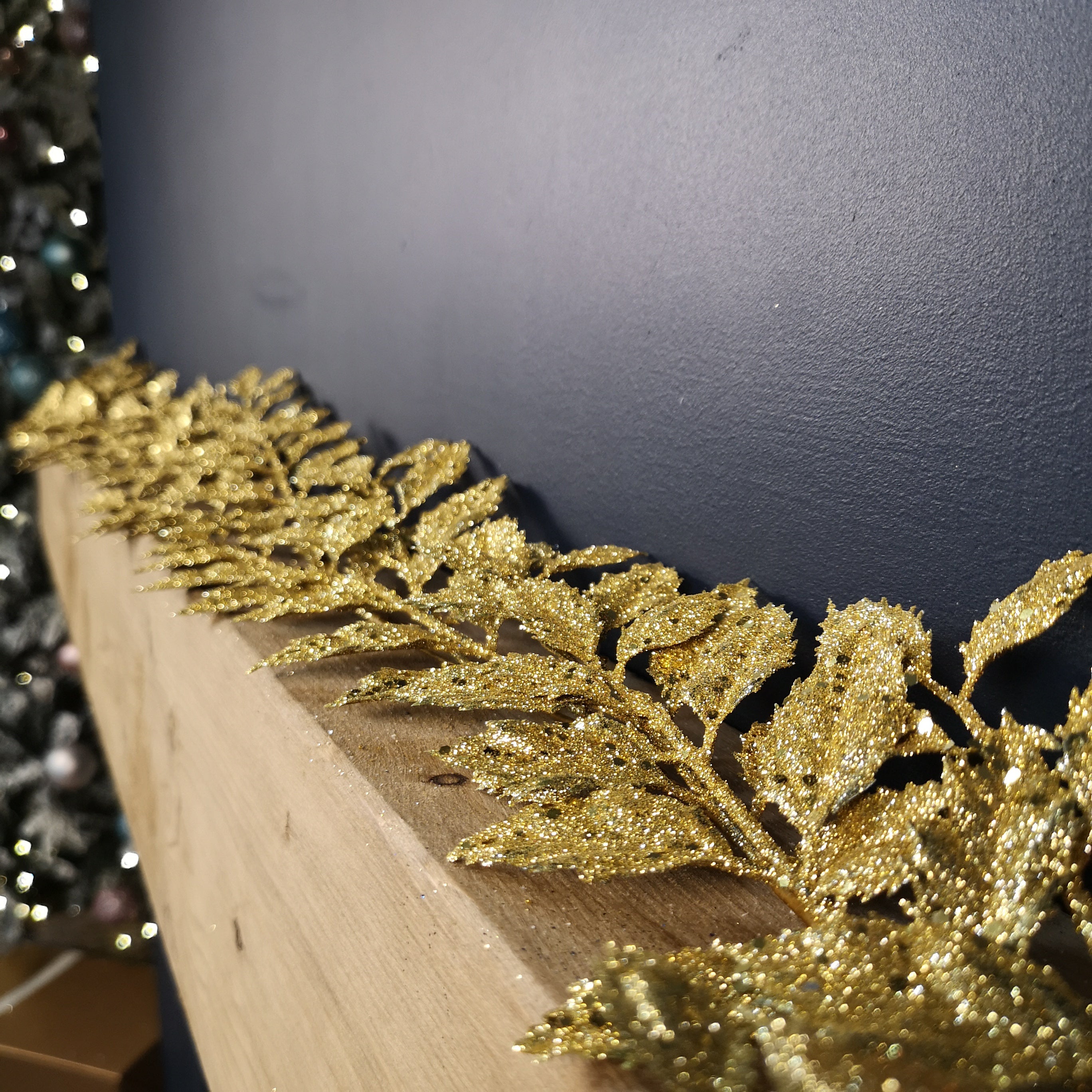 1.8m Gold Glitter Leaf Christmas Garland Decoration with Hanging Loop
