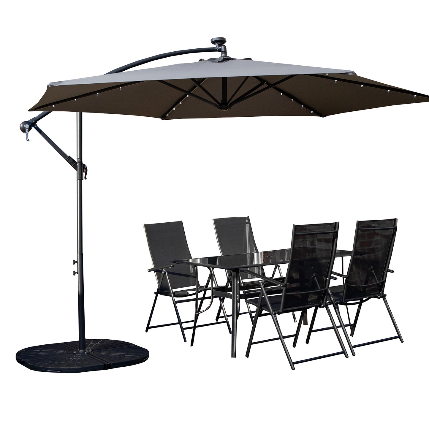 Outdoor 4 Person Rectangular Glass Top Garden Dining Table Chairs With Grey Banana Lit Parasol and Base Set