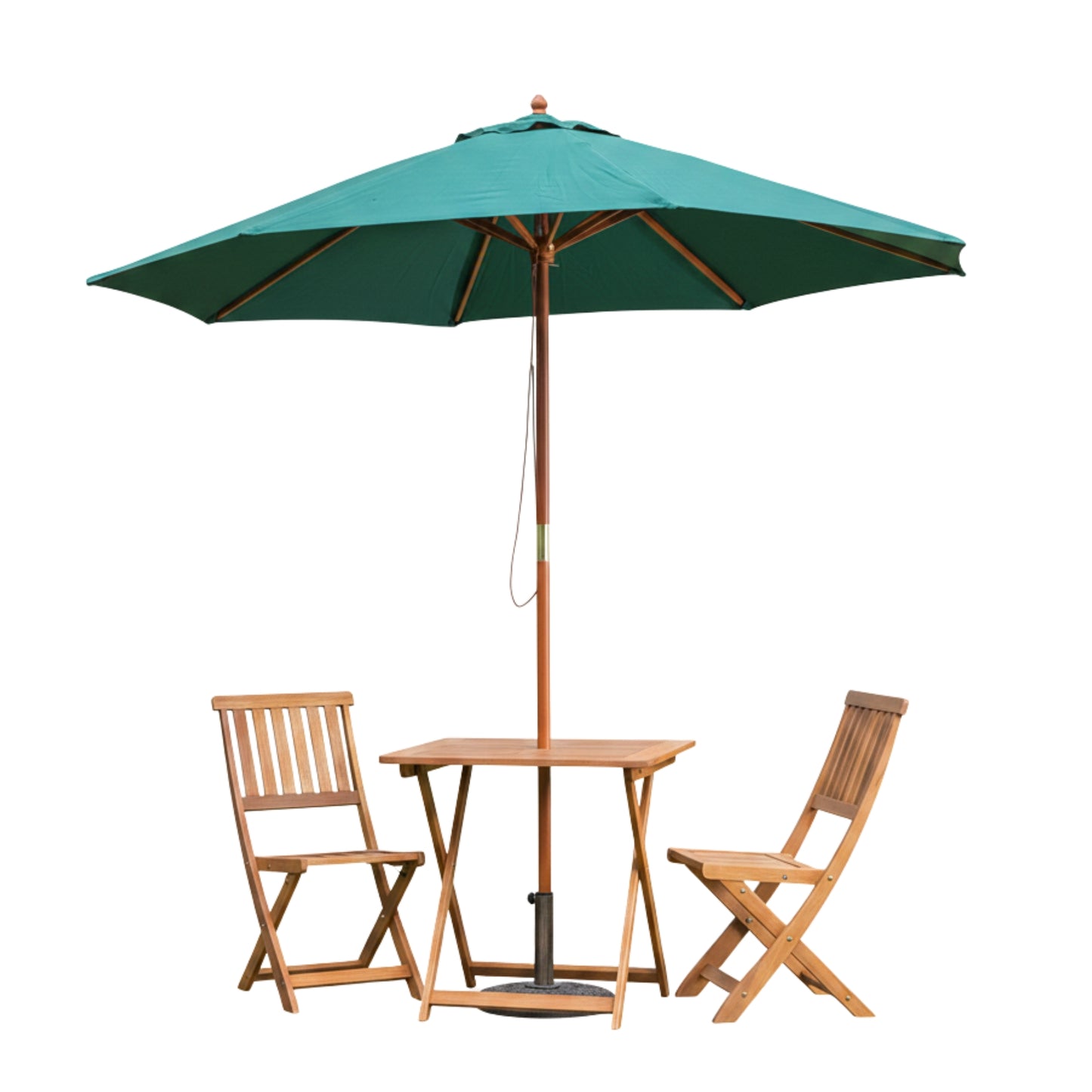 Outdoor 2 Person Folding Square Wooden Garden Dining Table Chairs Green Parasol and Base Set