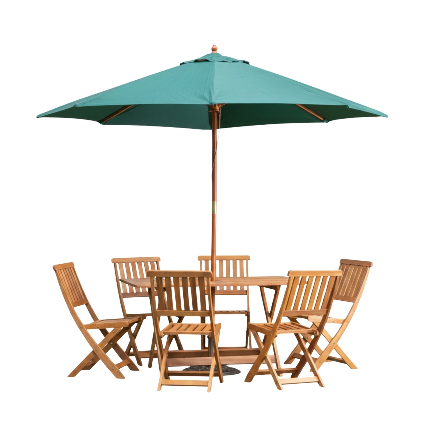 Outdoor 6 Person Folding Rectangular Wooden Garden Dining Table Chairs Parasol and Base set