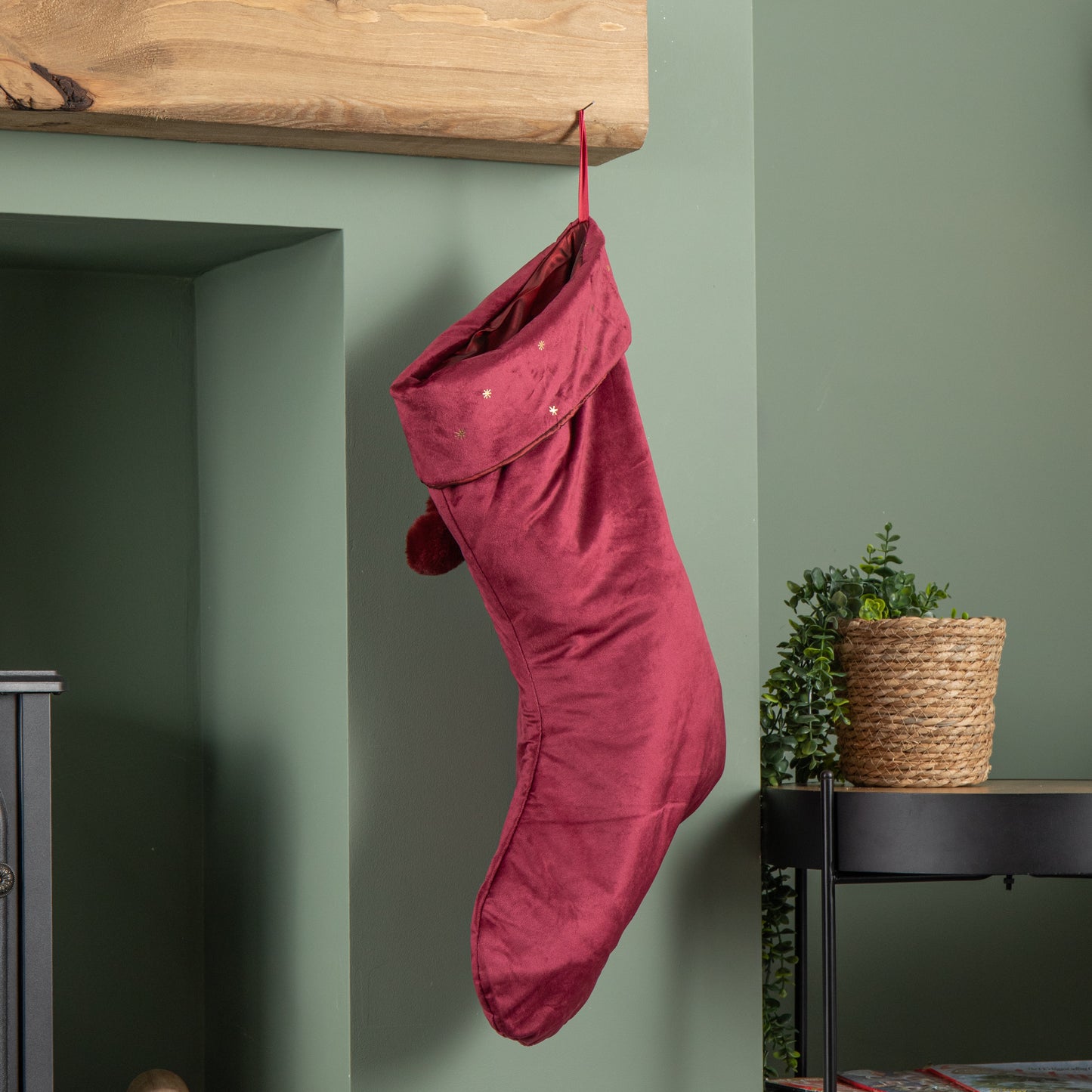 70cm Hanging Burgundy Velour Star Print Christmas Stocking with Pom Poms