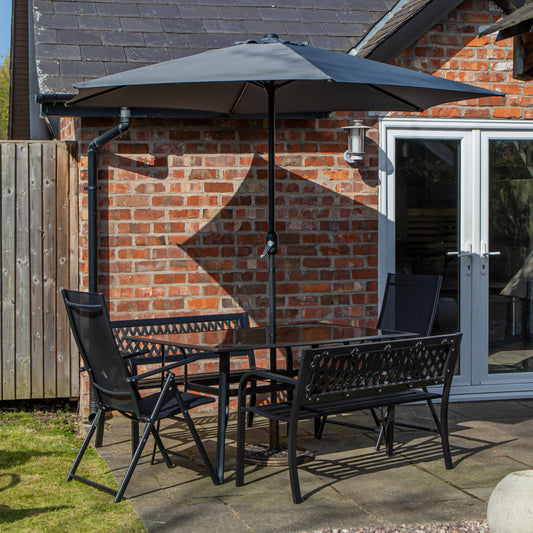 Outdoor 6 Person Rectangular Glass Top Garden Dining Table Benches & Chairs With Grey Havana Parasol and Base Set