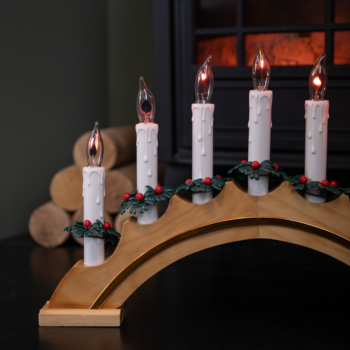 42cm Light up Wooden Arch Christmas Candle Bridge with 7 Flickering LED Candles