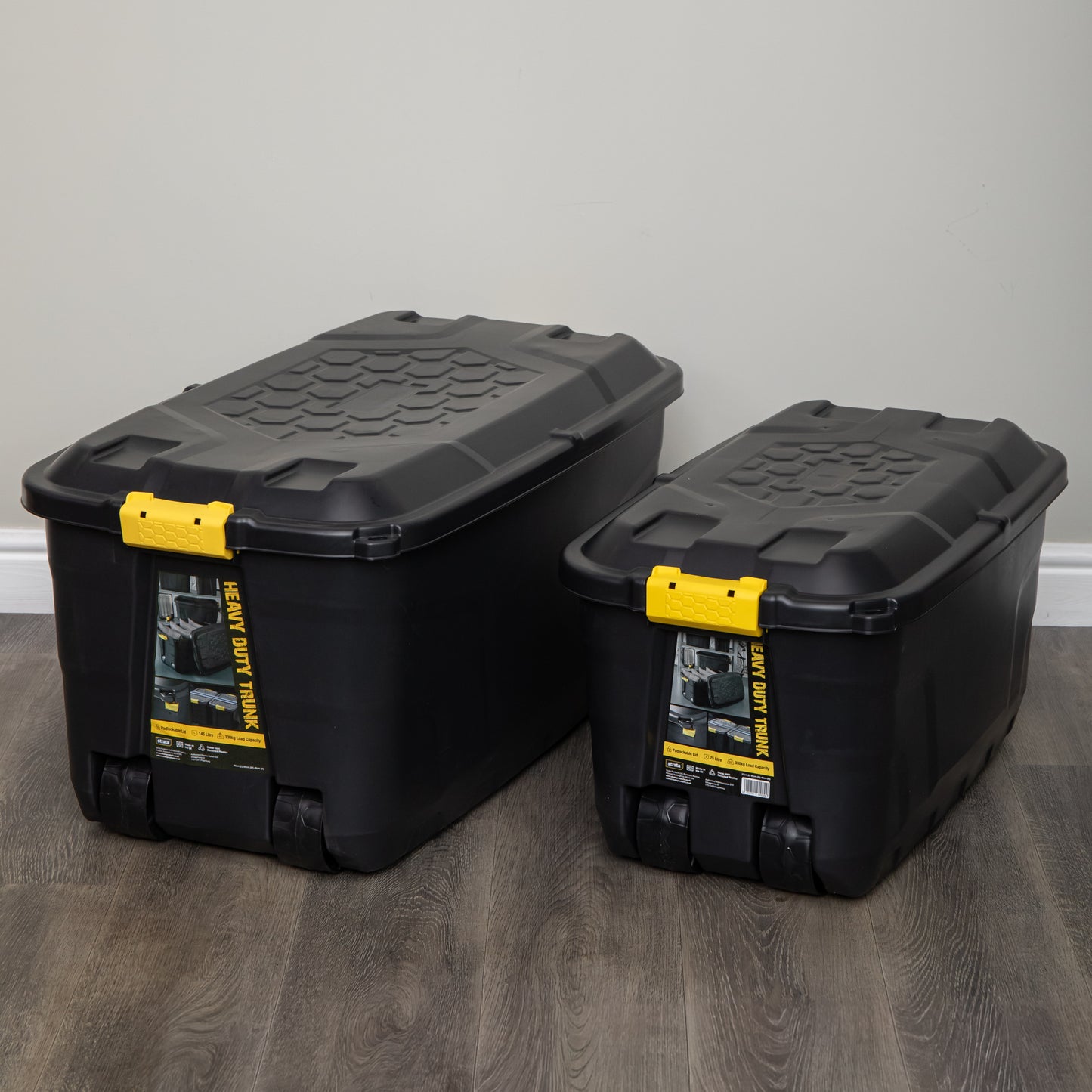 1 x 145L AND 1 x 75L Heavy Duty Trunks on Wheels Sturdy, Lockable, Stackable and Nestable Design Storage Chest with Clips in Black