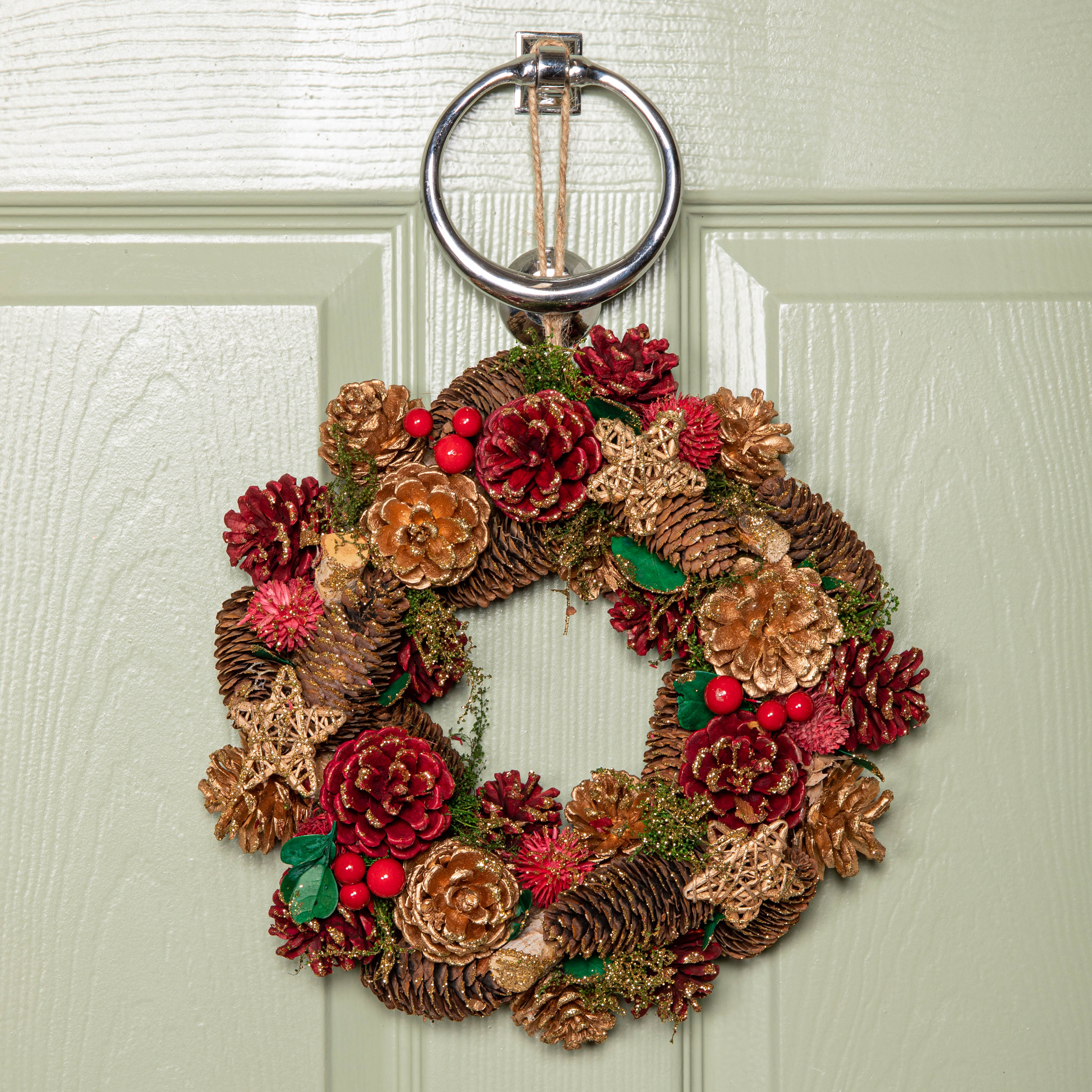 30cm Red Hanging Christmas Wreath with Red Berries and Pinecones 