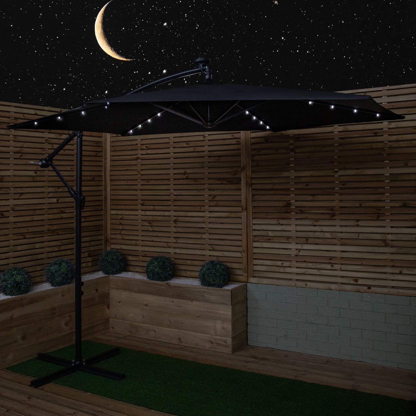 3m Solar Powered Lit Banana Cantilever Garden Parasol with LEDs & Base Weights Included in Black