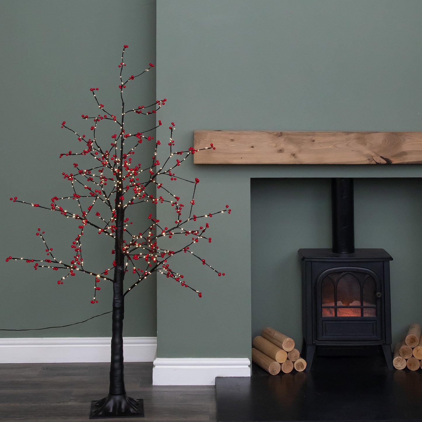 5ft (1.5m) Light up Black Christmas Twig Tree with Red Berries & Warm White LEDs