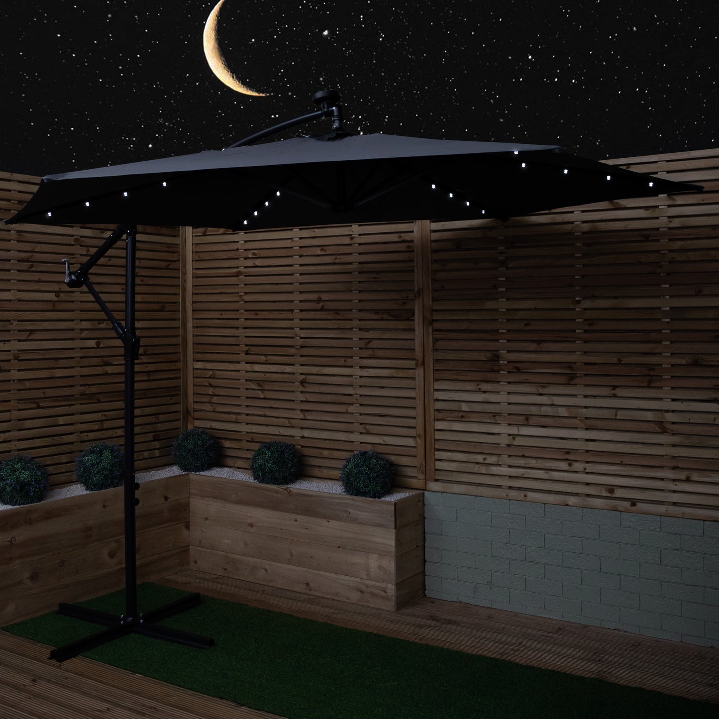 Outdoor 4 Person Rectangular Glass Top Garden Dining Table Chairs With Grey Banana Lit Parasol and Base