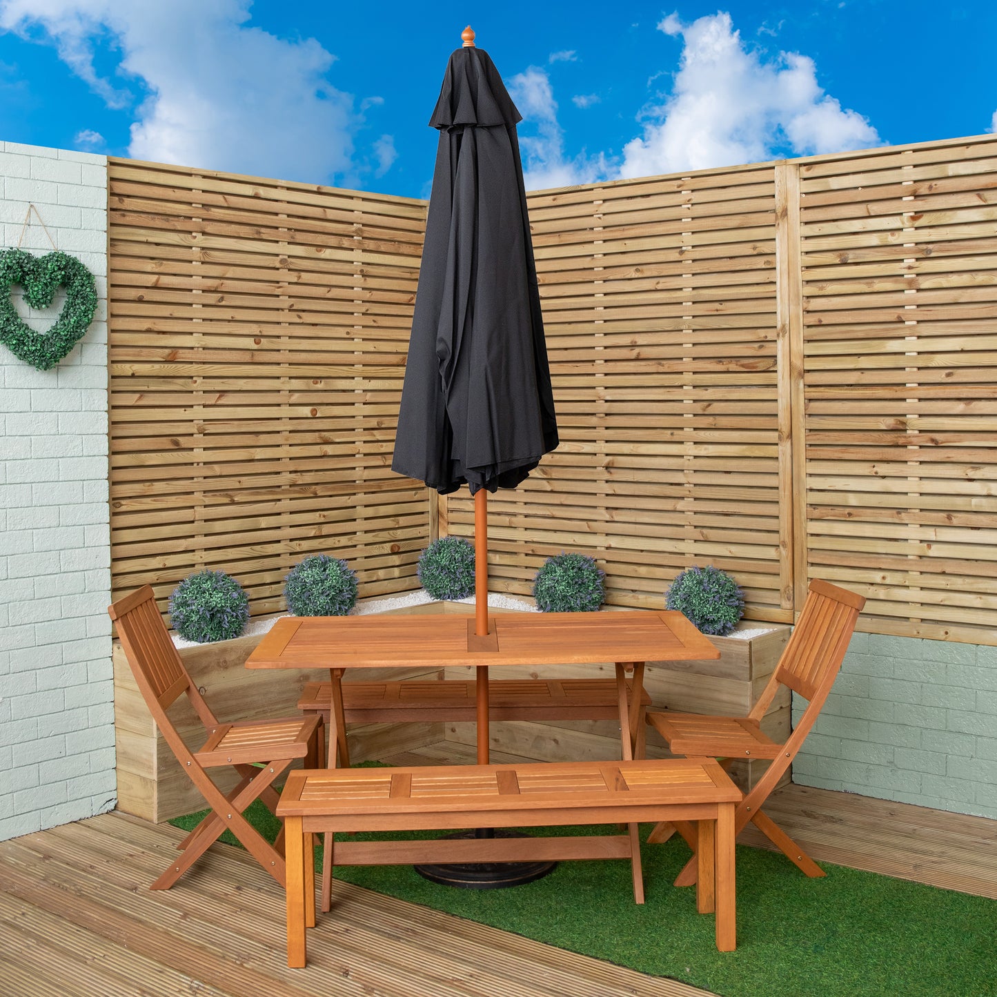 Outdoor 6 Person Rectangular Wooden Garden Dining Table, 2 Benches, Chairs with Black Parasol and Base Set