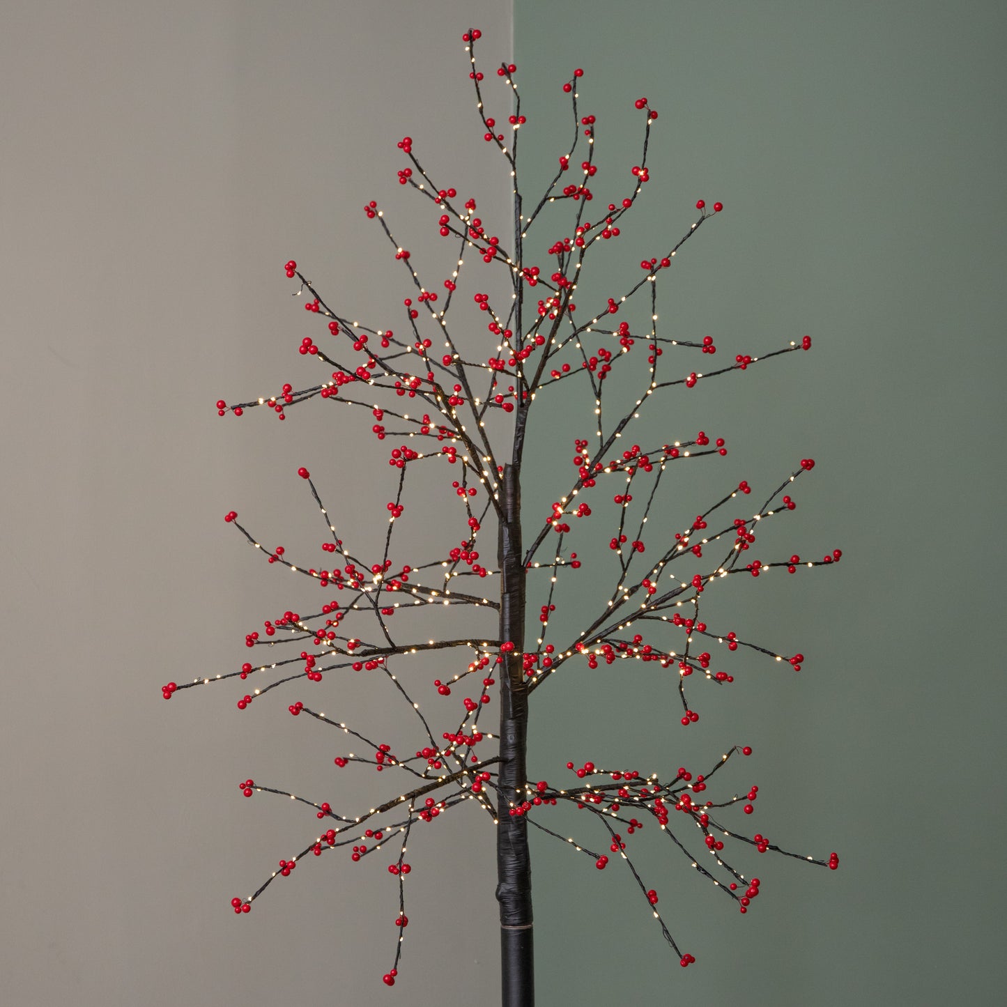 6ft (1.8m) Light up Black Christmas Twig Tree with Red Berries & Warm White LEDs