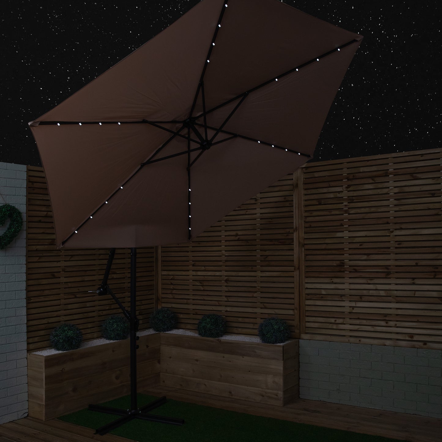 3m Solar Powered Lit Banana Cantilever Garden Parasol with LEDs & Base Weights Included in Beige