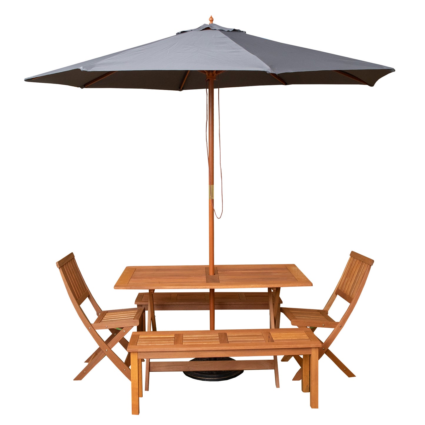 Outdoor 6 Person Rectangular Wooden Garden Dining Table, 2 Benches, Chairs with Grey Parasol and Base Set