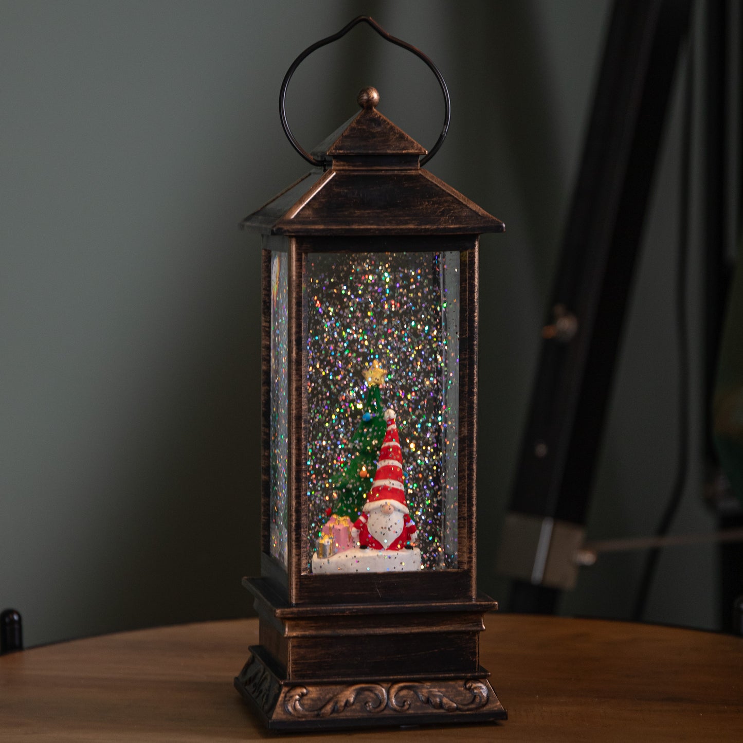 28cm Battery Powered Light up Antique Lantern Christmas Water Spinner with Snowy Gonk Scene