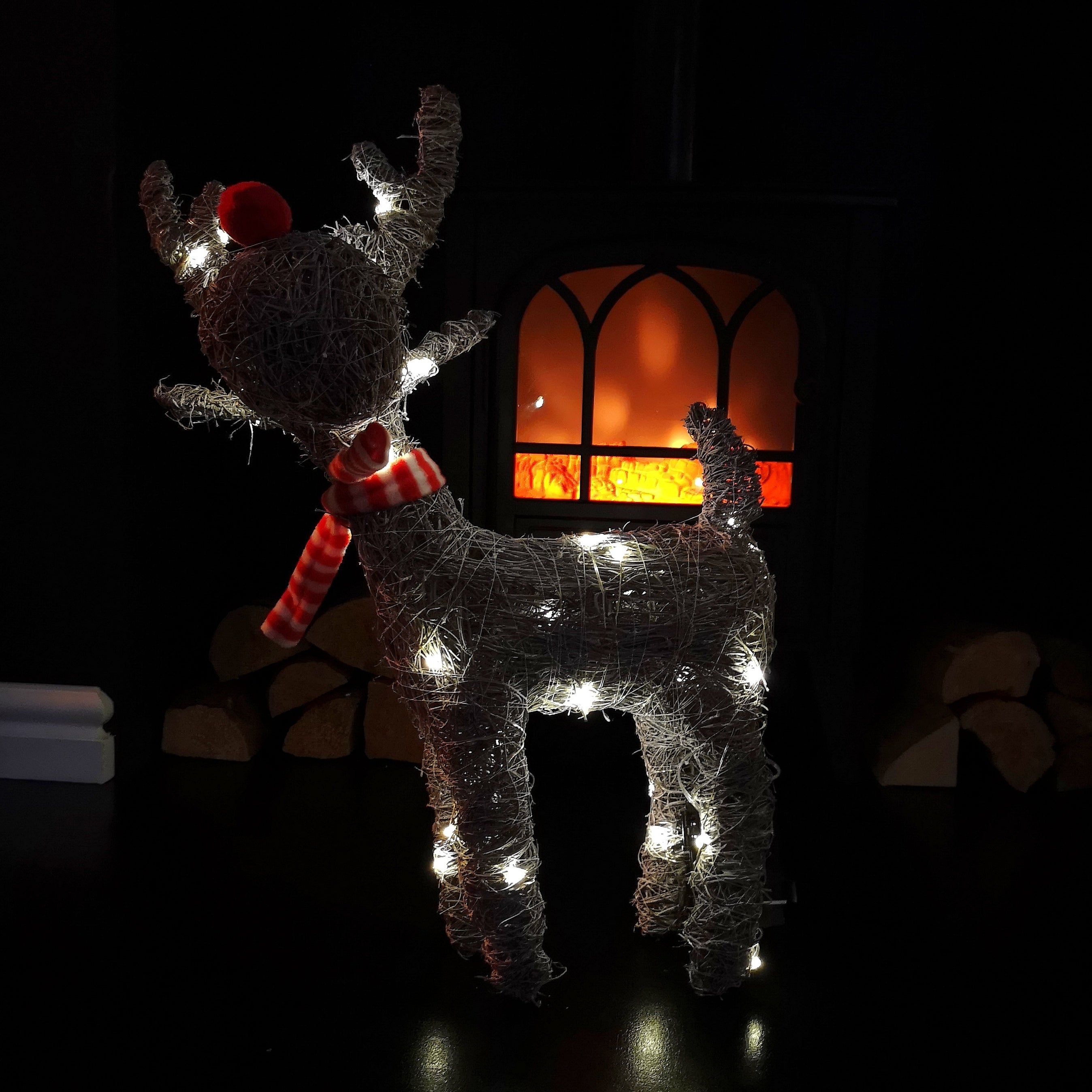 51cm Battery Operated Rattan Woven Blitzen Reindeer with Warm White LEDs