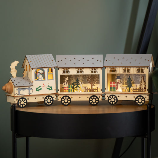 16cm LED Battery Operated Indoor Wooden Christmas Train & Carriages Scene
