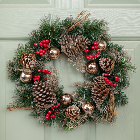 40cm Hanging Christmas Wreath with Gold Baubles, Berries & Pinecones