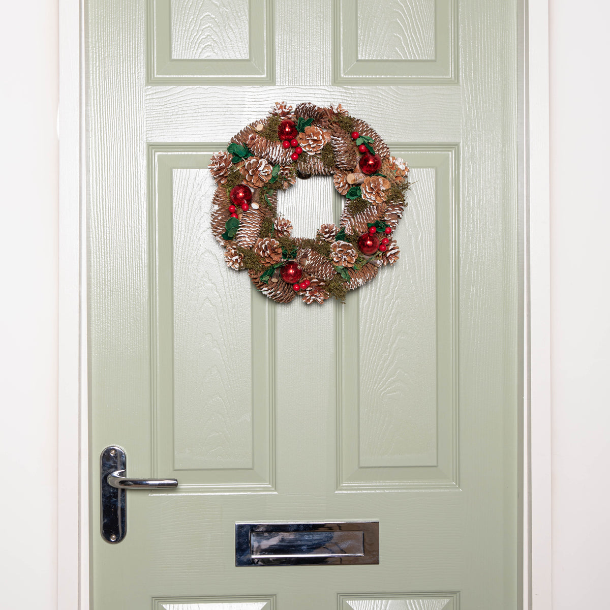 36cm Hanging Christmas YuleFest Wreath with Red Baubles & Snow Tipped Pine Cones 