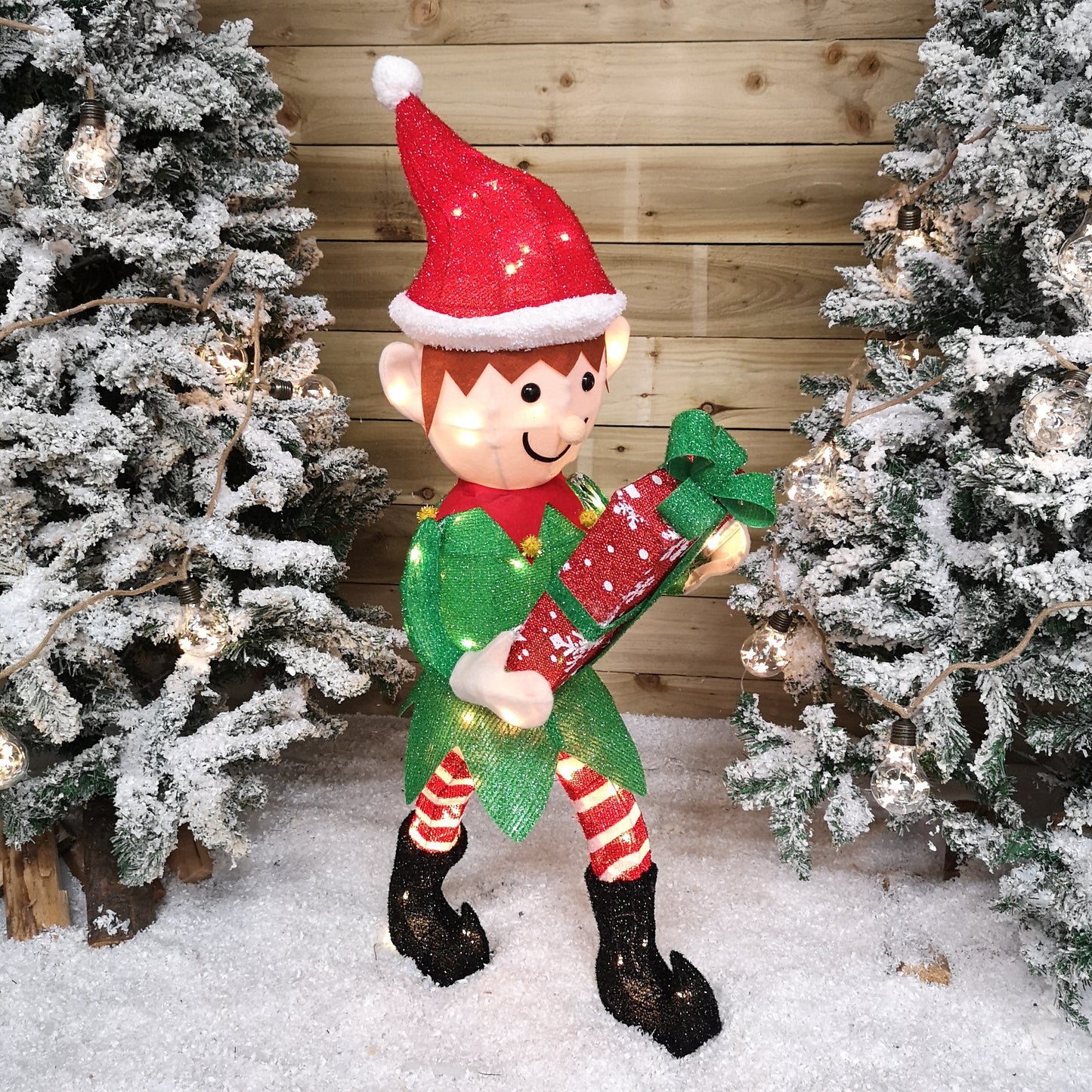 107cm Warm White LED Lit Elf Character with Present Christmas Decoration in Green and Red