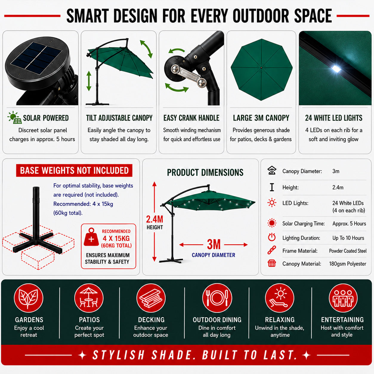 Samuel Alexander 3m Solar Powered Cantilever Lit Banana Garden Parasol with Crank Handle & White LED Lights in Green