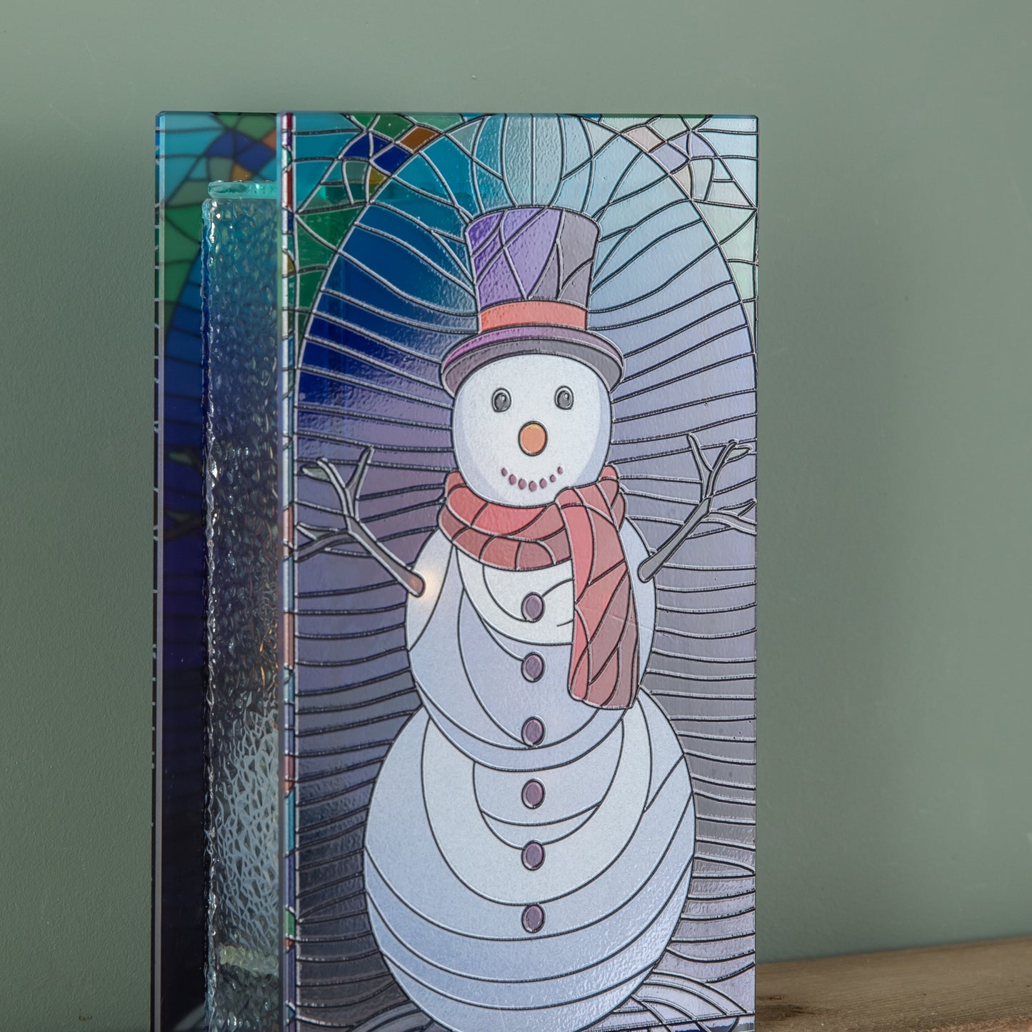 21cm Battery Operated Light up Double Sided Stained Glass Snowman Decoration with LEDs