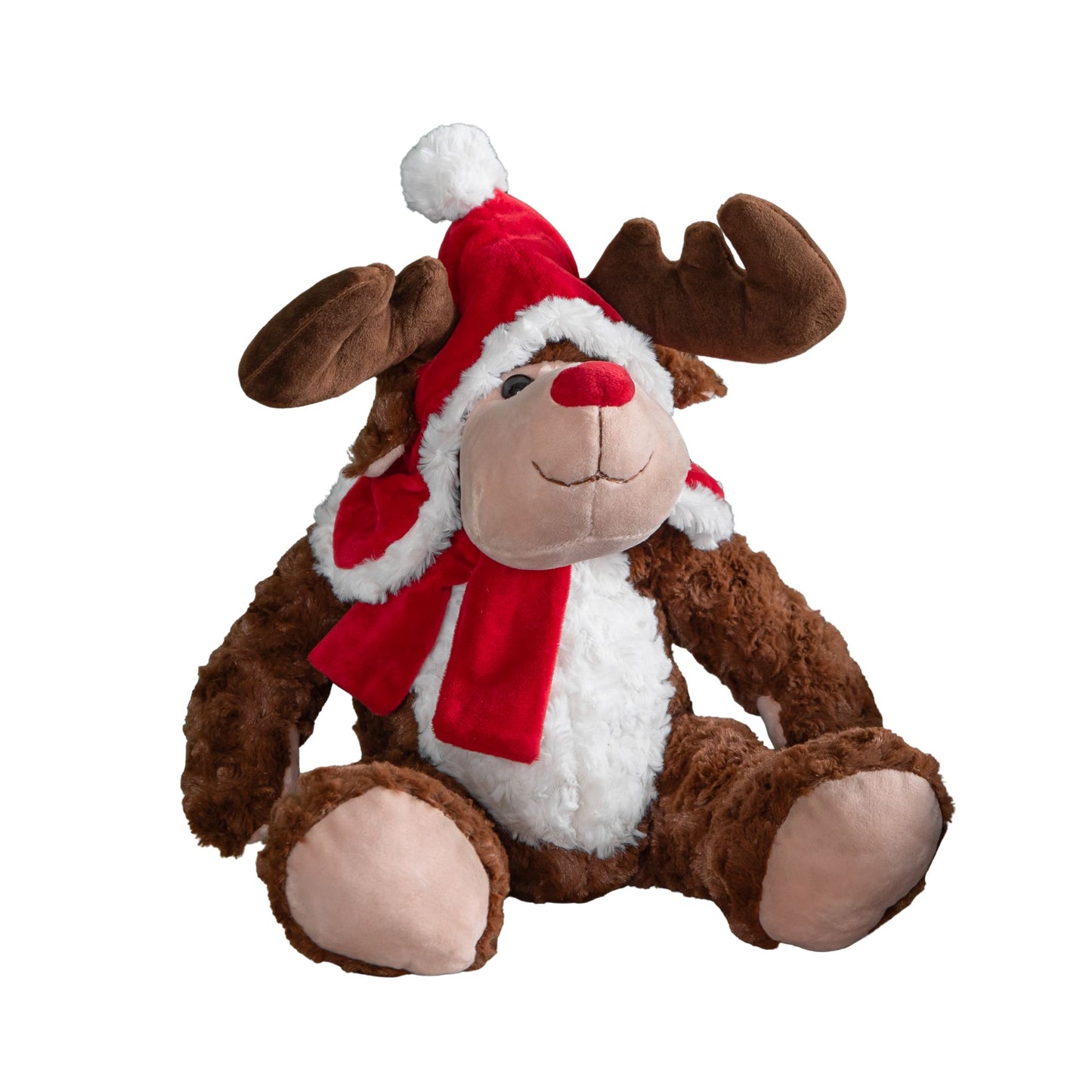 30cm Sitting Plush Christmas Reindeer with Red Hat & Scarf