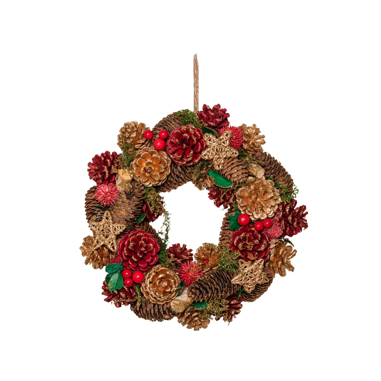 30cm Red Hanging Christmas Wreath with Red Berries and Pinecones 