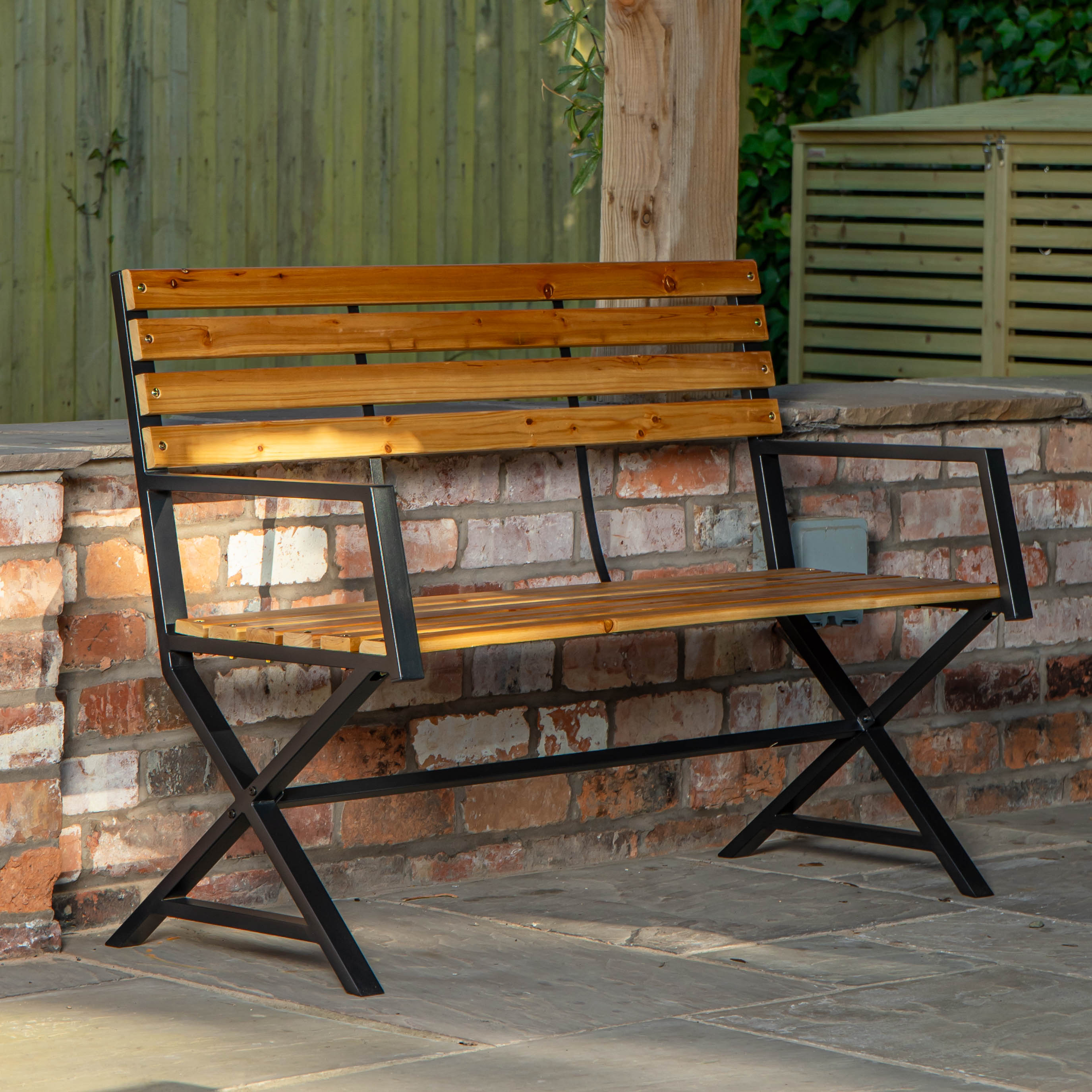 Kendal 2 Person Outdoor Modern Cross Design Metal Wooden Garden Patio Bench