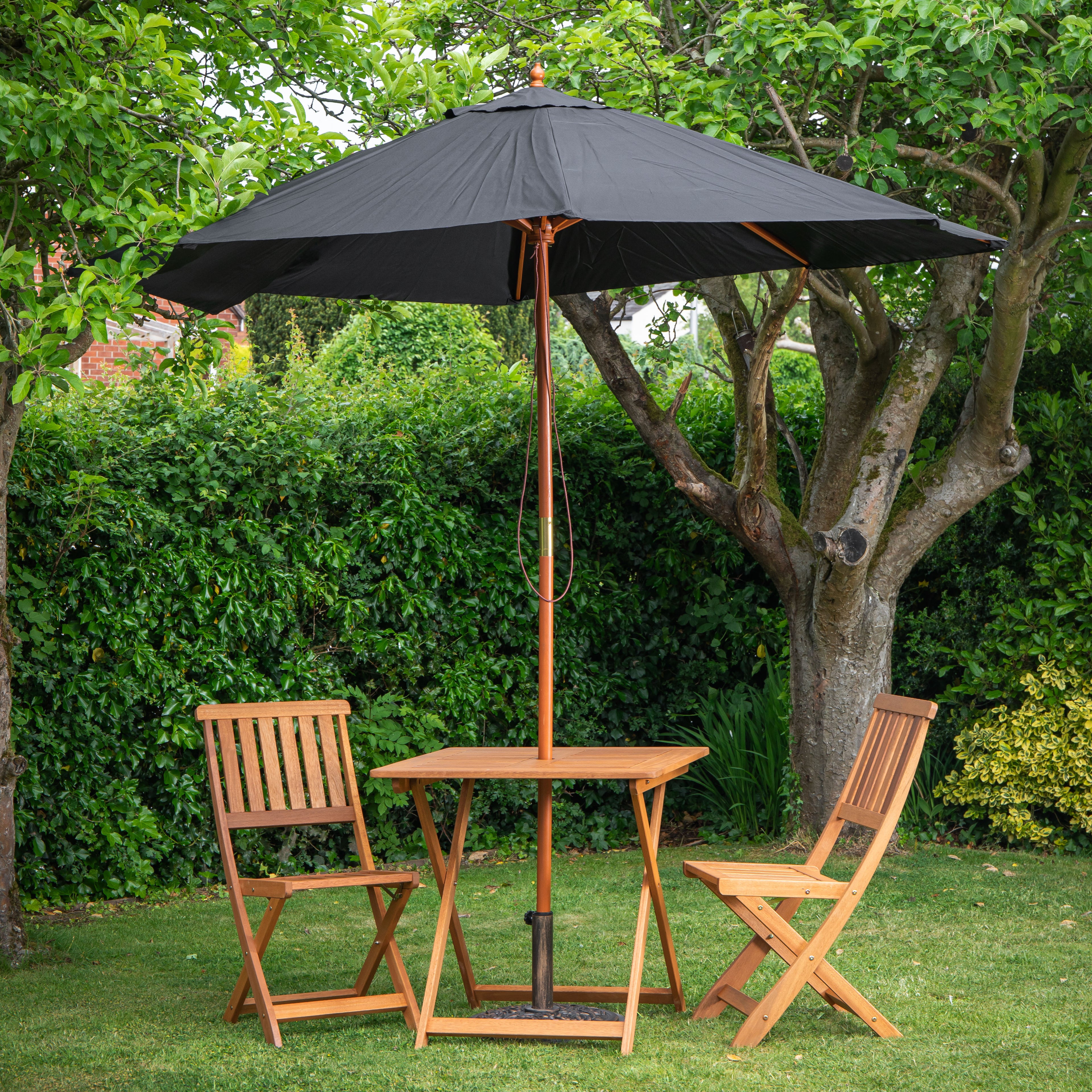 Outdoor 2 Person Folding Square Wooden Garden Dining Table Chairs Black Parasol and Base Set