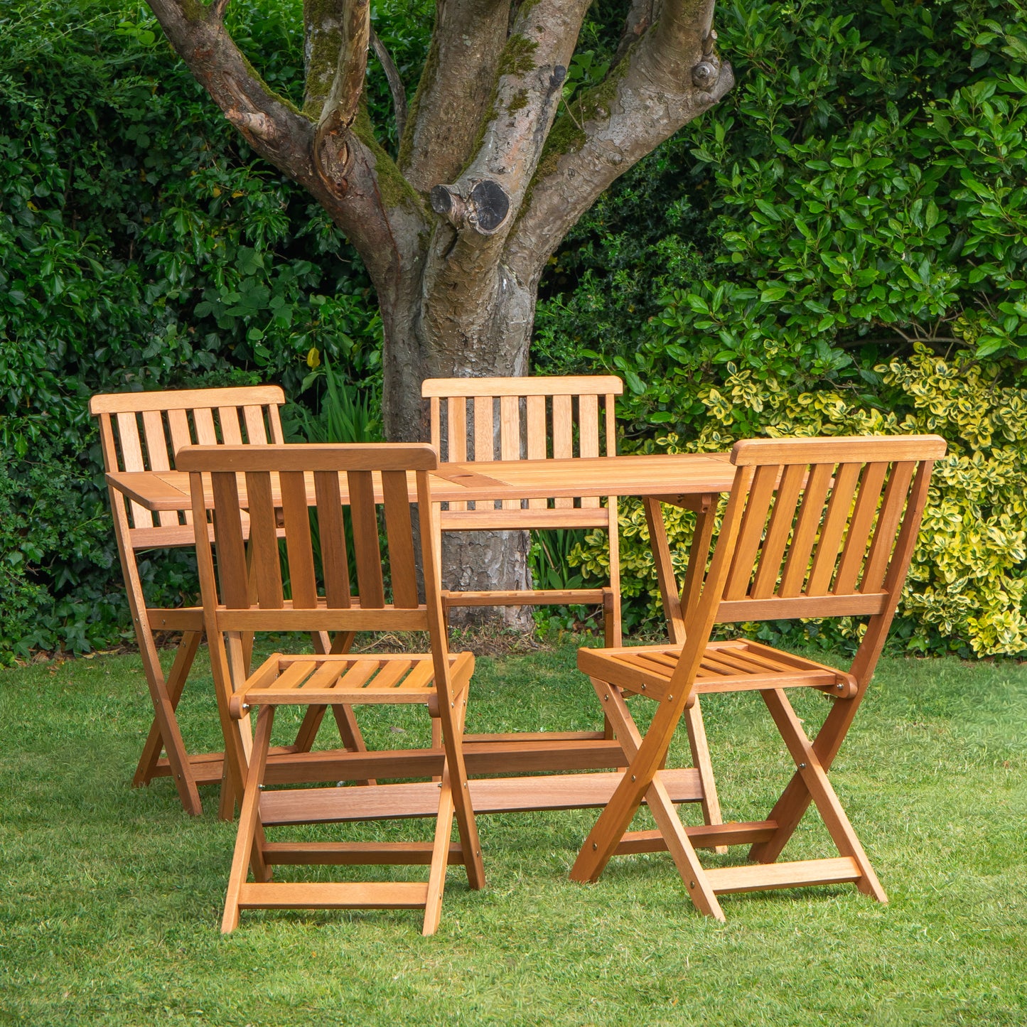 Outdoor 4 Person Folding Rectangular Wooden Garden Dining Table Chairs Set