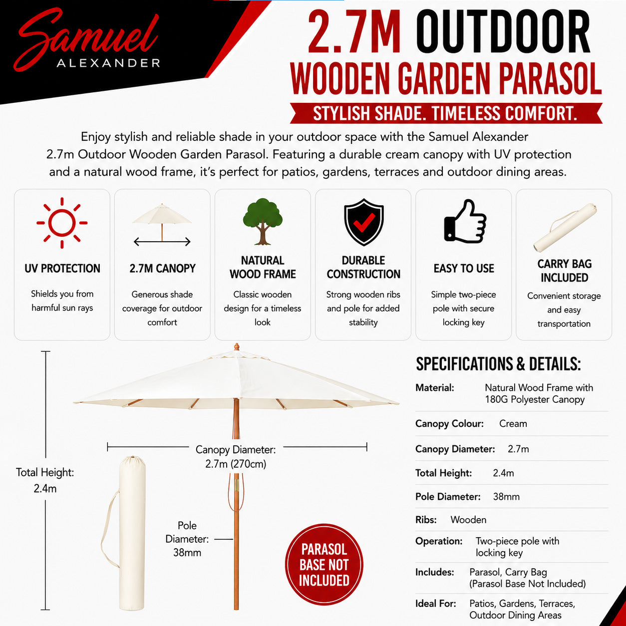 Samuel Alexander 2.7m Outdoor Wooden Garden Parasol Sun Shade with Carry Bag in Cream