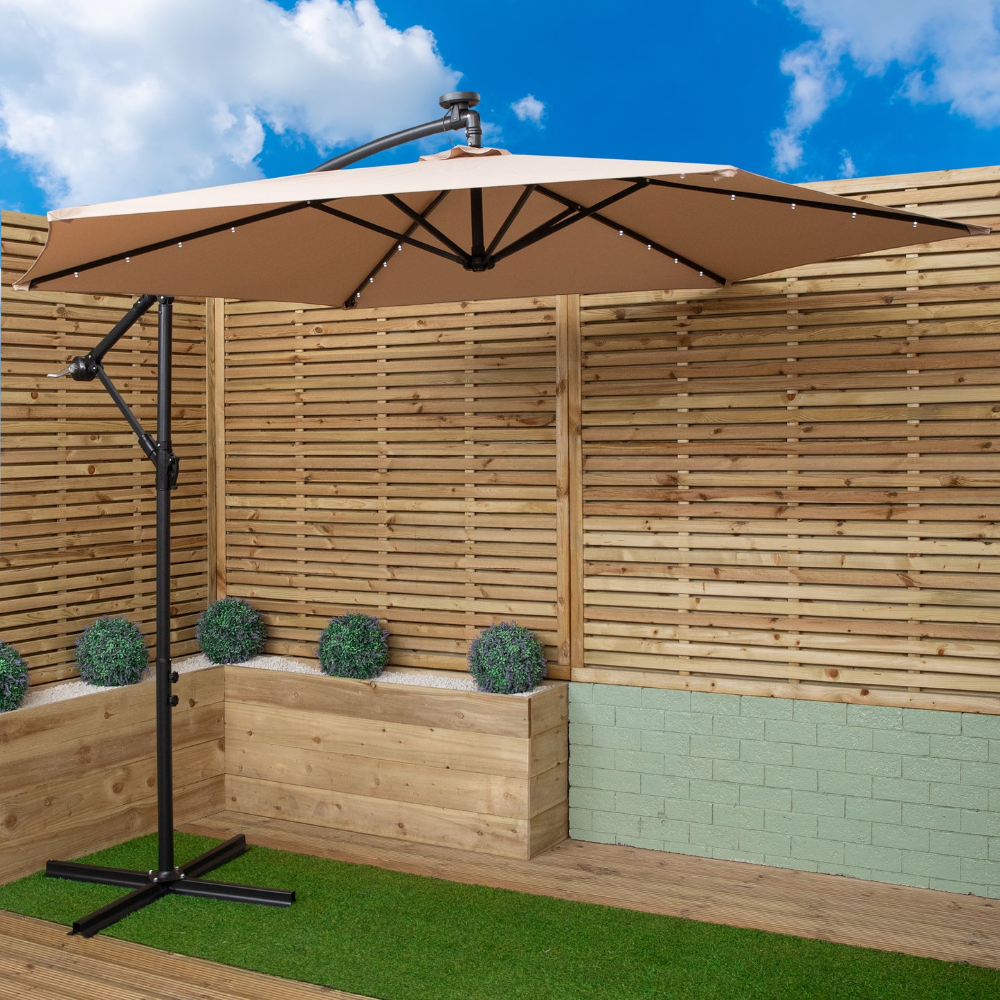 3m Solar Powered Lit Banana Cantilever Garden Parasol with LEDs & Base Weights Included in Beige