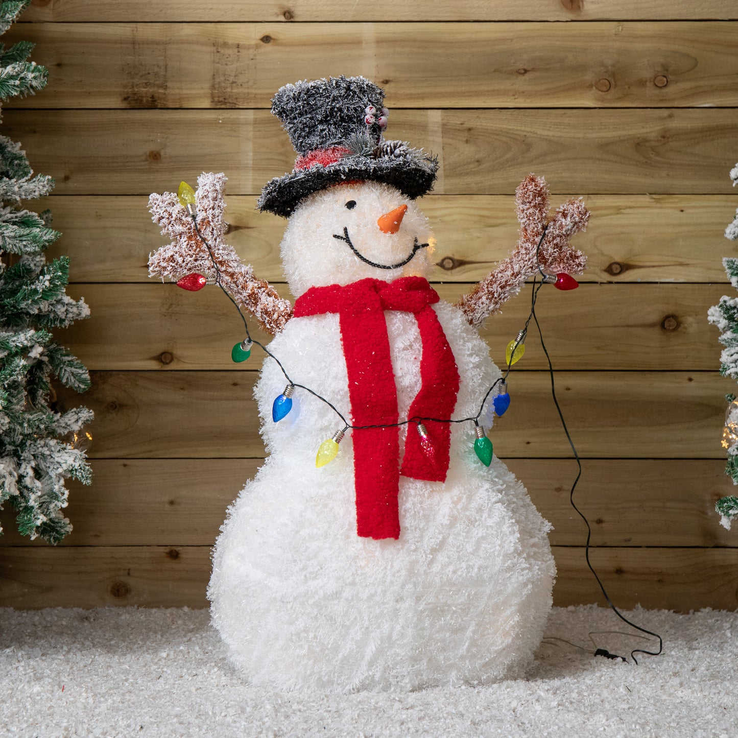 90cm Light up Frosted Tinsel Christmas Snowman with 50 White & Warm White LEDs